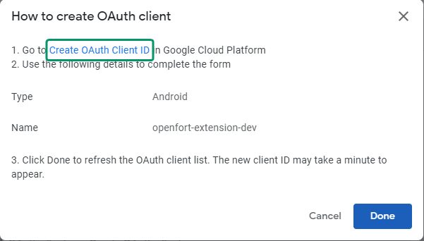 create OAuth client popup