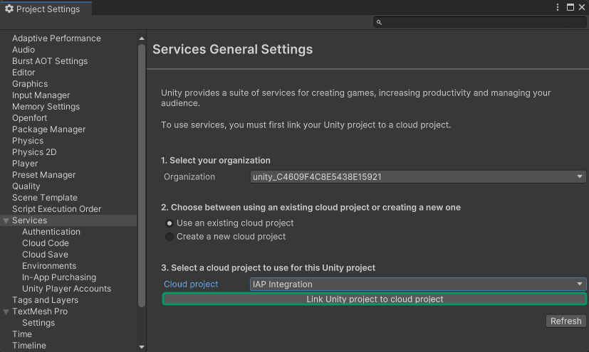 Services settings