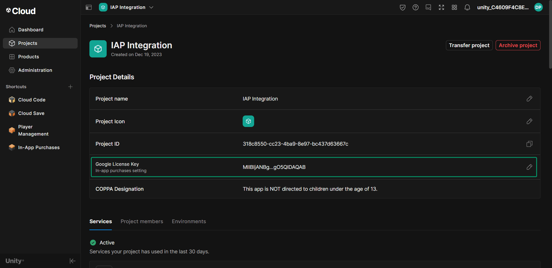 License key in UGS dashboard