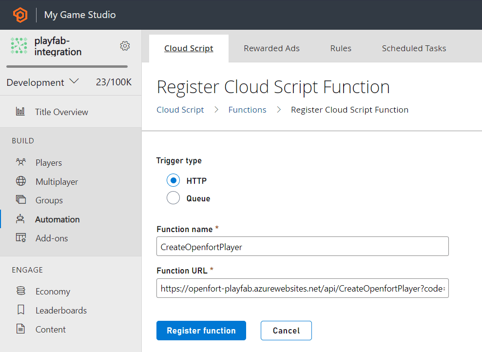 Register cloud function