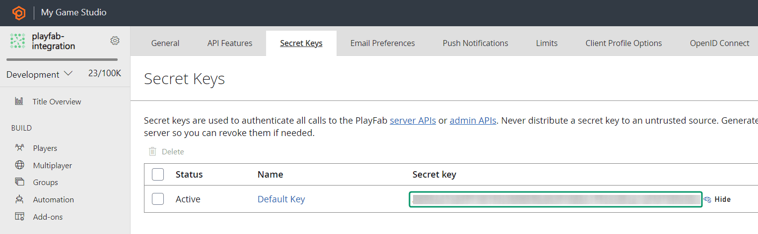 Playfab Secret Key