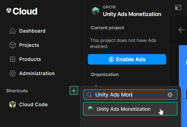 Unity Cloud dashboard: Unity Ads Monetization