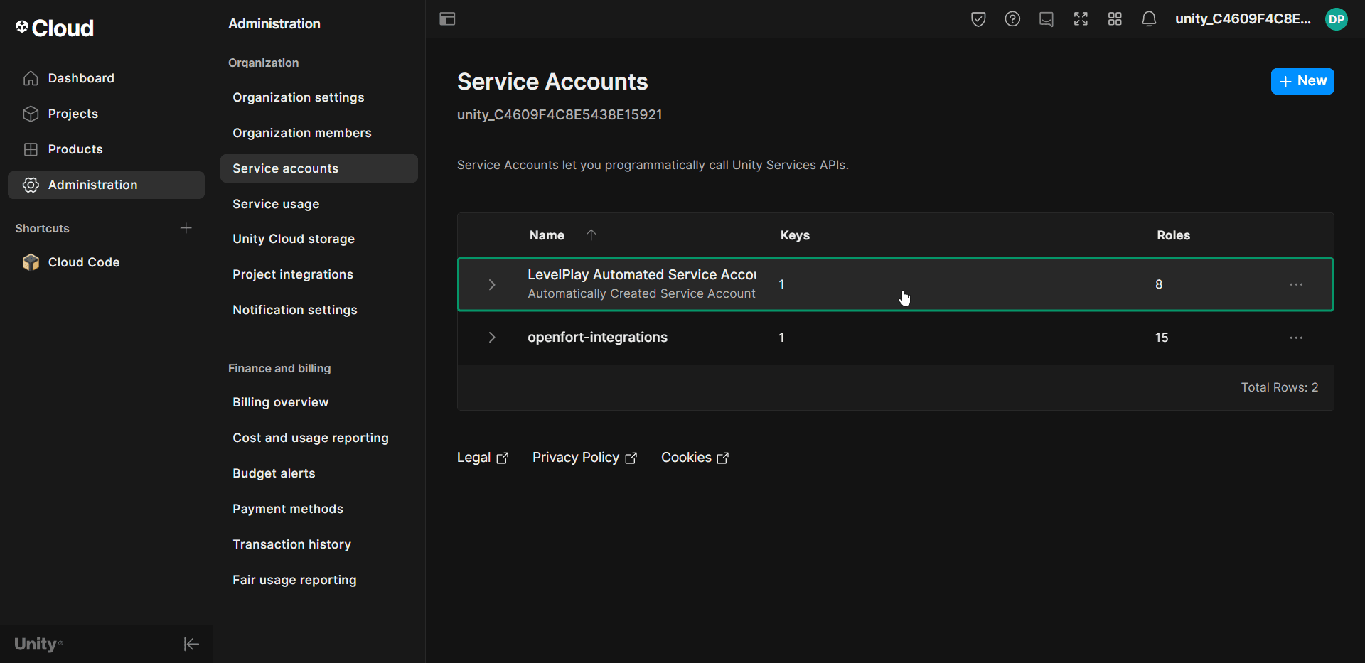 Set up Unity Cloud: service account