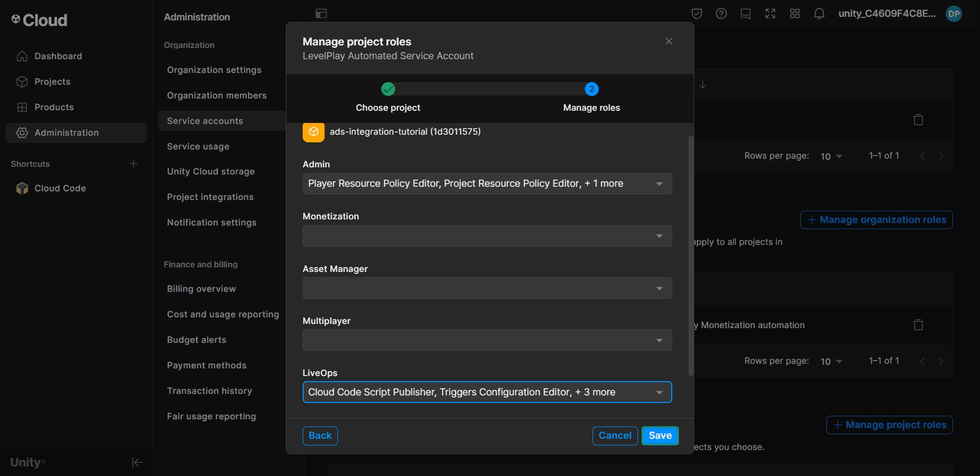 Set up Unity Cloud dashboard: add roles