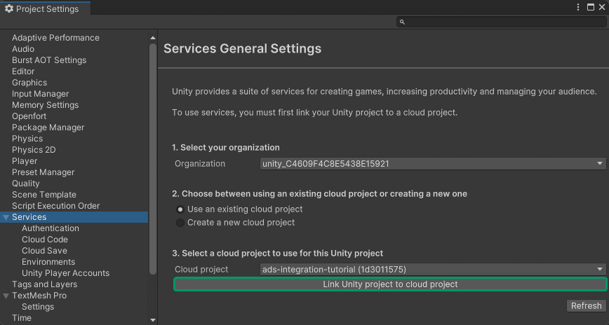 Services settings