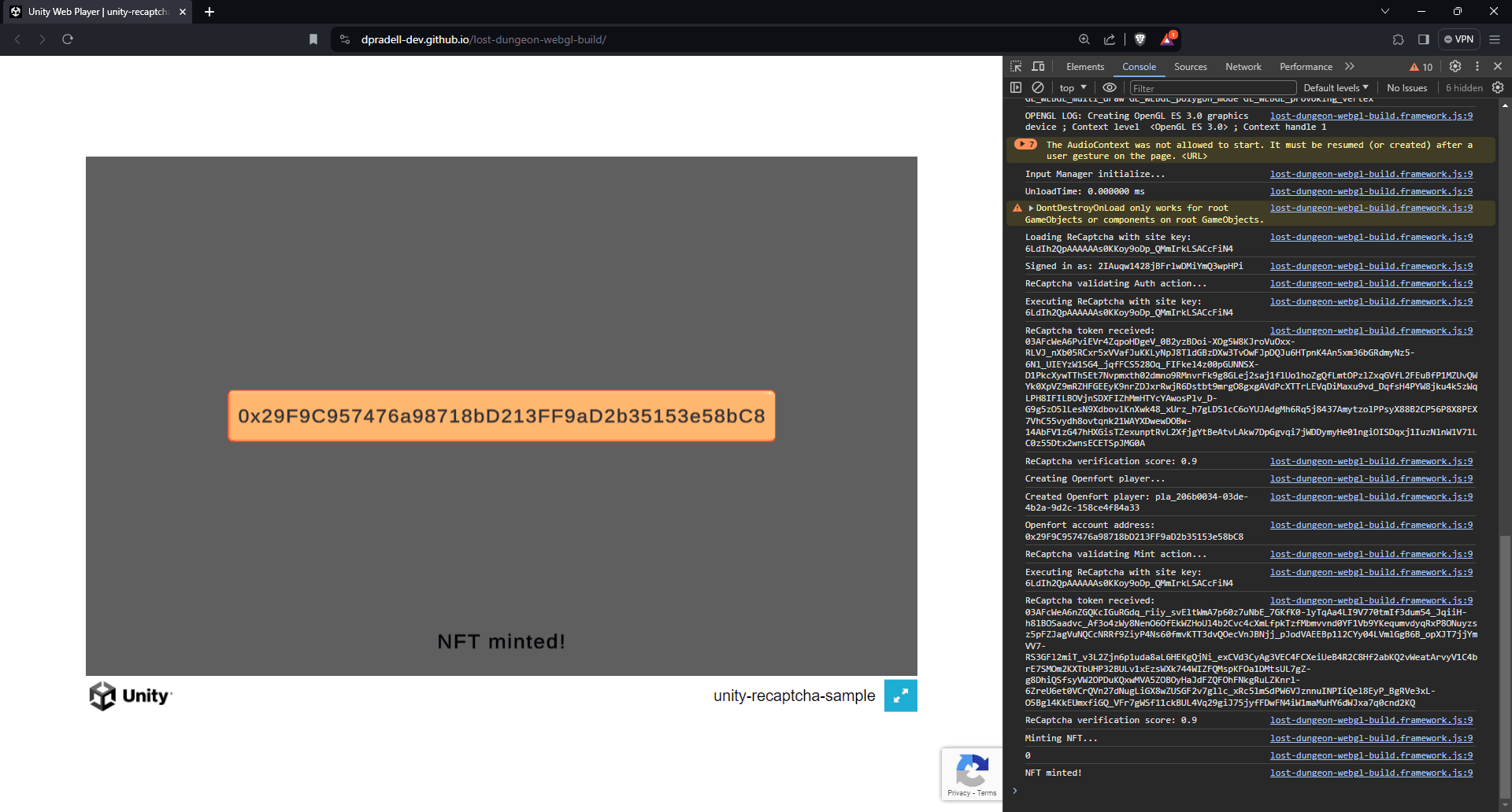 Build to WebGL: NFT minted