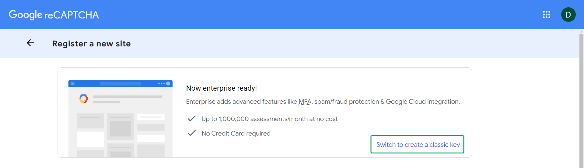 Set up reCAPTCHA V3: Switch to create a classic key