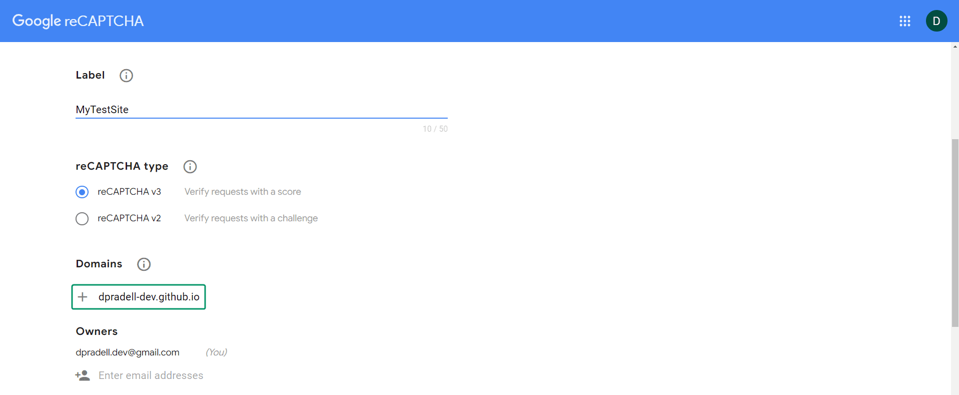 Set up reCAPTCHA V3: Fill options