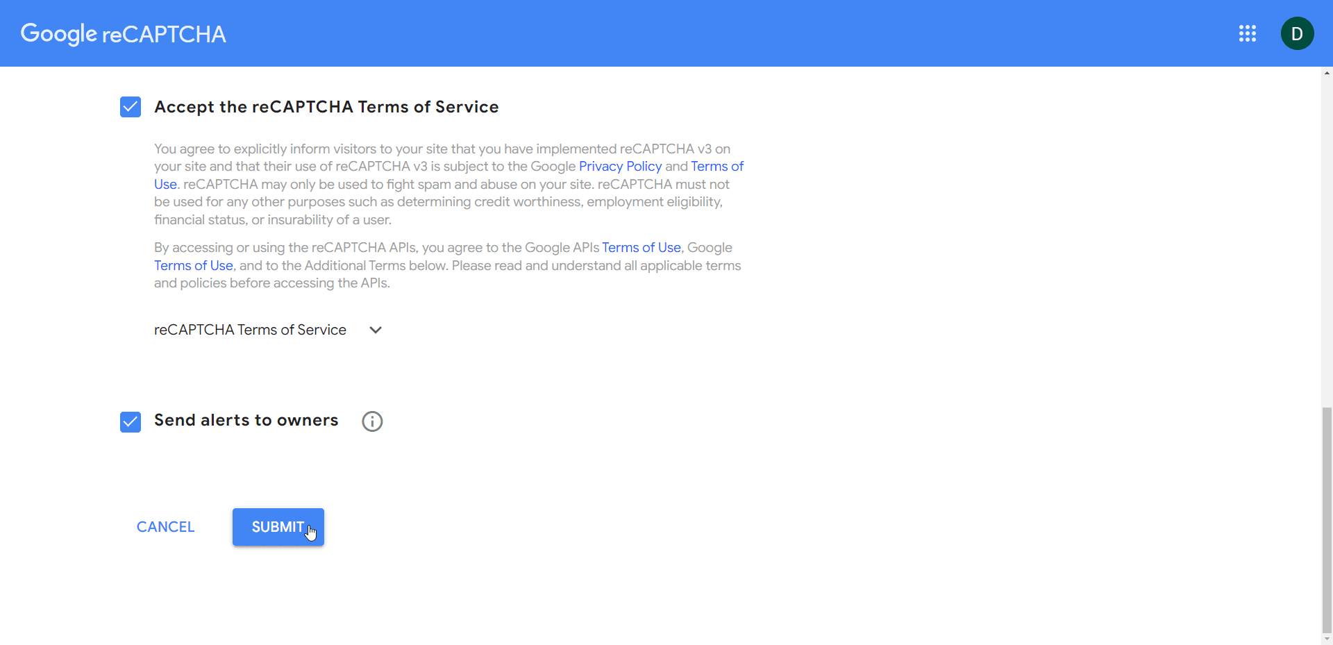 Set up reCAPTCHA V3: Submit