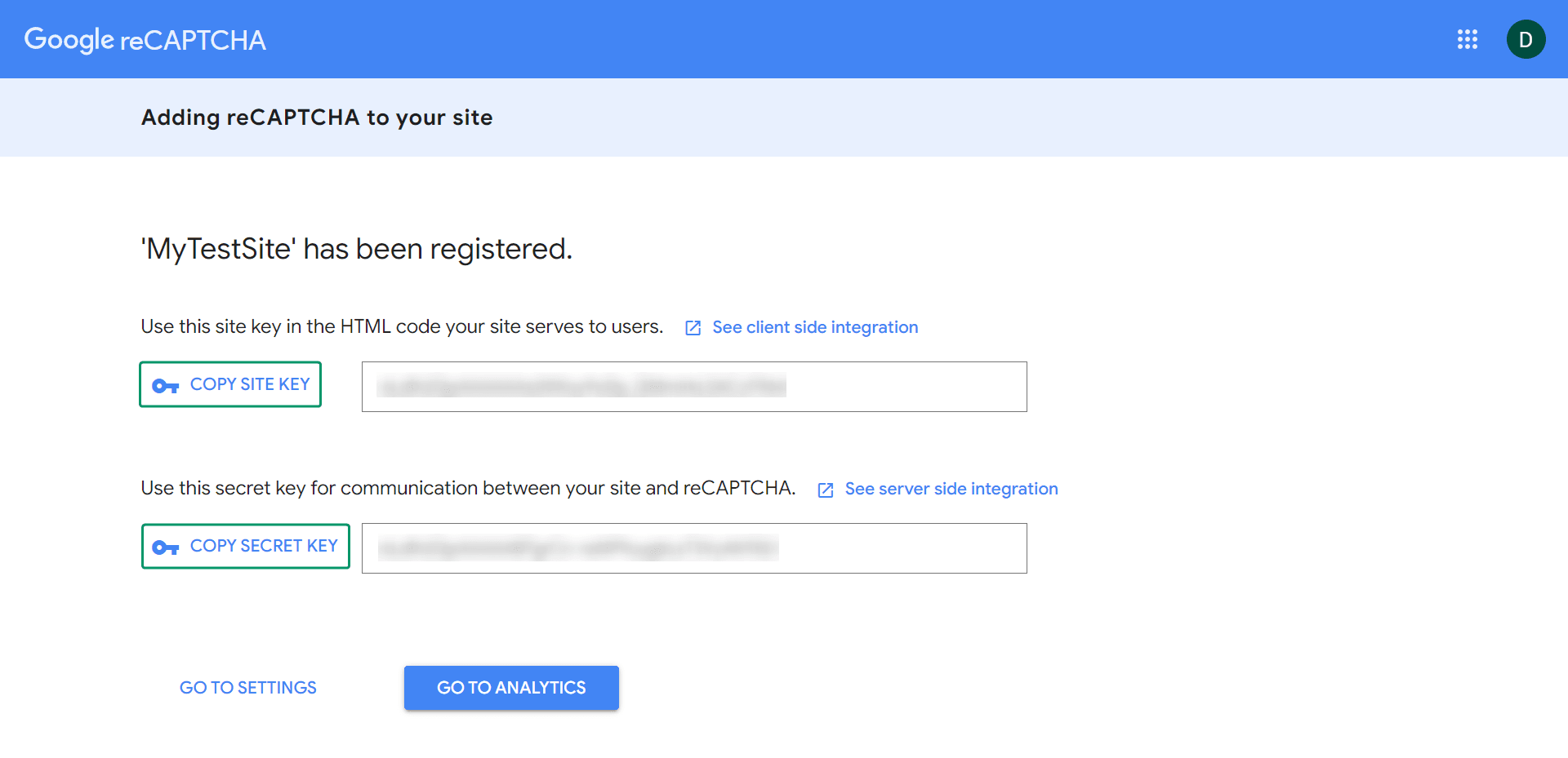 Set up reCAPTCHA V3: Copy keys