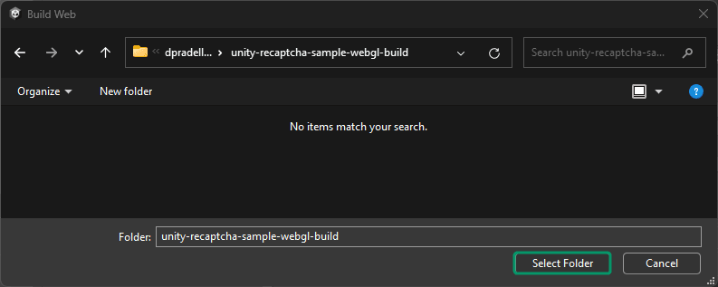 Build to WebGL: Select folder